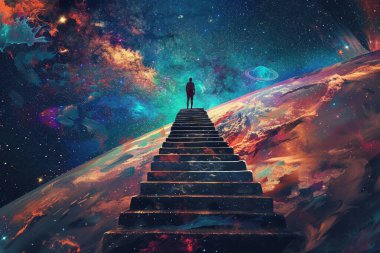 Bir insan silueti merdivenlerin tepesinde gezegenler, yıldızlar ve nebula bulutlarıyla dolu canlı bir kozmik galaksiye çıkıyor. Görüntü sürrealizmi ve kavramsal derinliği çağrıştırıyor..