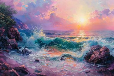 Bir impasto kayalık bir sahile çarpan dalgaları yakalıyor. Gün batımlı bir pastel gökyüzü dinamik okyanus manzarasını güçlendirir. Kalın boya desen ve derinlik yaratır..