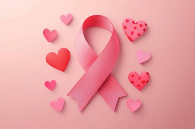 Pembe bir arka planda kağıt kalpler tarafından kucaklanan pembe bir farkındalık kurdelesi. Destek, sevgi ve umudu simgeliyor..