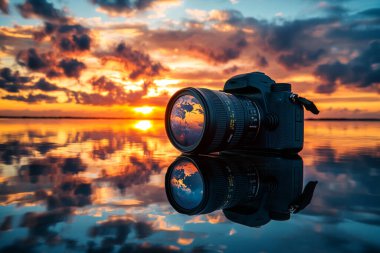 Durgun bir su yüzeyinde dinlenen bir DSLR kamerası, turuncu ve mavi renklerle dolu bir günbatımı gökyüzünü yansıtıyor, bulut yansımaları ile tamamlanmış..