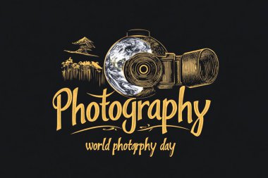 Dünya küresi lensi, orman ve kaligrafi metni olan bir kameranın sanatsal bir versiyonunu klasik tarzda karanlık bir arkaplanda 'Fotoğraf' olarak sunar..