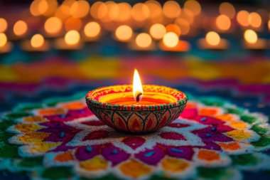 Renkli bir Rangoli 'nin tepesinde parlayan bir diya arkaplanda da Bokeh ışıkları var. Canlı renkler, karmaşık tasarım, & parlak alevler kutlama atmosferini çağrıştırıyor.