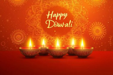 Çok sayıda parıldayan Diwali Diya yağ lambası, geleneksel altın tasarımlarla süslenmiş kırmızı bir zemin üzerine kurulmuş, sıcak, neşeli bir ışıklandırma atmosferi yaratıyor..