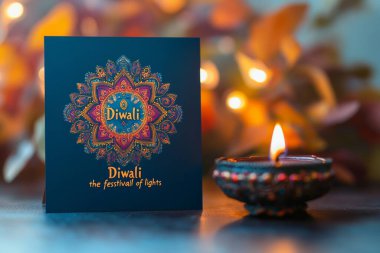 Şenlikli Diwali sahnesinde parlak bir mandala tasarımı ve yanan bir gaz lambasıyla süslenmiş mavi bir kart gösteriliyor. Yumuşak, ılık arka plan ışıkları havayı güzelleştirir ve kültürel bir kutlama yakalar..