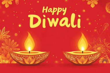 Canlı kırmızı bir arkaplan karşısında iki kil diyas var. Çiçek aksanıyla geliştirilmiş ve Happy Diwali harfleri stilize edilmiş. Ilık aydınlatma kutlama atmosferini çağrıştırıyor.