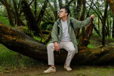 Yeşil ceketli ve gözlüklü bir adam ormanda yosunlu bir ağaç dalında oturur, bir dal tutar ve yana bakar. Doğa kavramı, düşüncelilik ve yalnızlık.