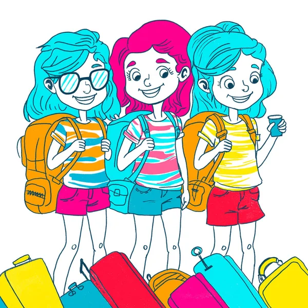 Drei Junge Mädchen Mit Rucksäcken Helles Handgezeichnetes Plakat Zeichentrickfiguren Isoliert — Stockfoto