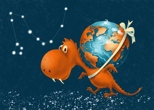 Year Dragon Chinese Zodiac Cartoon Character Dragon Carries Planet Earth — Stock Photo, Image