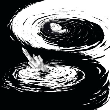  Suyun yüzeyinde bir yin-yang sembolünün soyut bir görüntüsü. Kız yüzü ve karakteristik bir jest. Beni rahat bırak! İşleme biçiminde çizim.