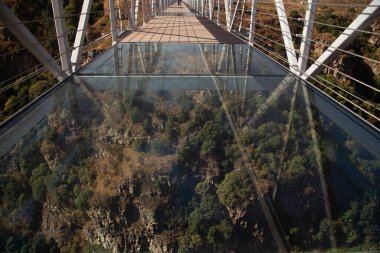 A glass suspension bridge in Georgia, offering a thrilling view of a deep canyon below. Transparent panels reveal the rocky gorge and green trees, creating a breathtaking mix of nature and engineering. clipart