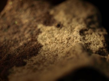 Engebeli bir kumtaşı mineral yüzeyinin makro görüntüsü. Parlak altın detaylar ve yumuşak ışıklandırma..