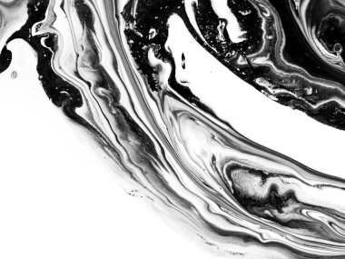 Siyah beyaz boya. Organik girdap desenli soyut sıvı mermer dokusu.