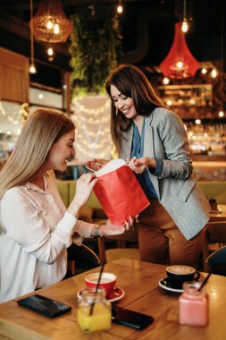 Alışveriş yaptıktan sonra kafeteryada ya da restoranda oturup mutlu mesut sohbet eden iki arkadaş. Ayrıca birbirlerine aldıkları kıyafetleri de gösteriyorlar..