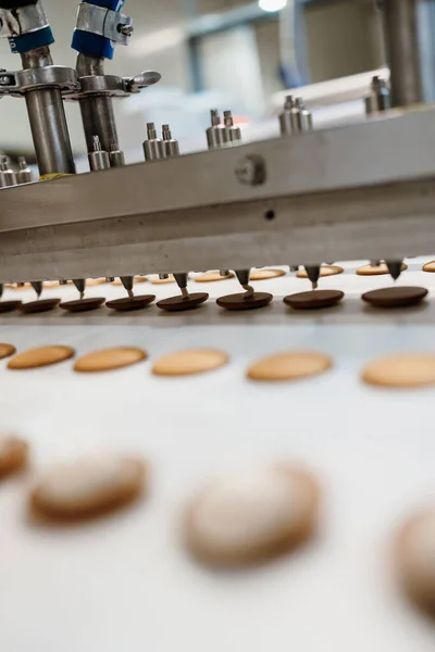 stock image Huge factory line for sweet food and cookies production. Close up shots of industrial manufacturing process.