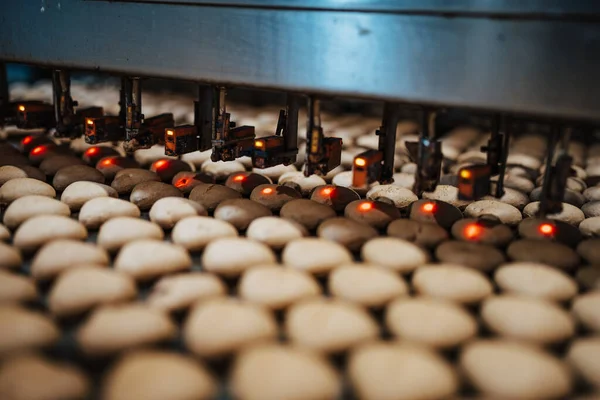 stock image Huge factory line for sweet food and cookies production. Close up shots of industrial manufacturing process. Robotic automatic quality check with laser sensors.