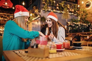 Noel Baba şapkalı iki arkadaş alışveriş yaptıktan sonra kafeteryada ya da restoranda oturup mutlu mesut sohbet ediyorlar. Ayrıca birbirlerine aldıkları kıyafetleri de gösteriyorlar..