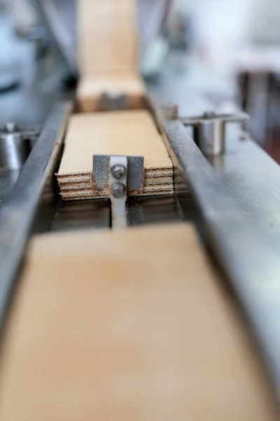 Huge Factory Line Sweet Food Cookies Production Close Shot Conveyor — Stock Photo, Image
