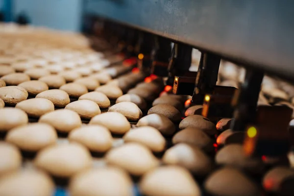 Величезна Фабрична Лінія Виробництва Солодкої Їжі Печива Збільшення Кількості Кадрів — стокове фото