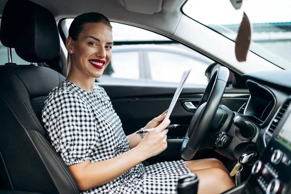 Satisfied Smiled Female Buyer Sitting Her New Car She Happy —  Fotos de Stock