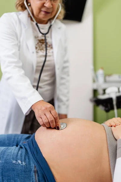 Female Doctor Doing Ultrasound Scan Beautiful Pregnant Woman Side View — Stok Foto