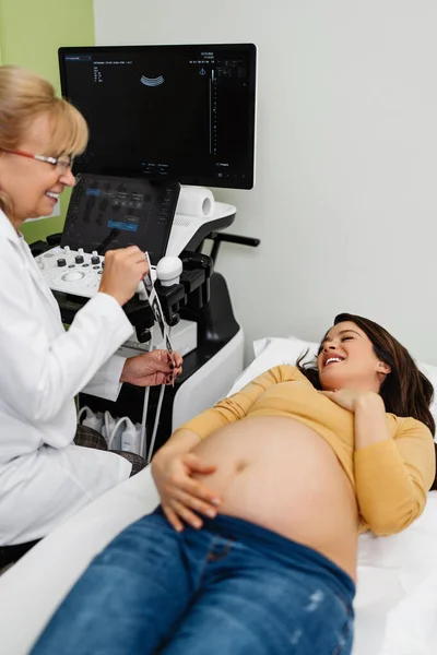 Beautiful Pregnant Woman Happy Pregnancy Medical Check She Holding Looking — Stok Foto