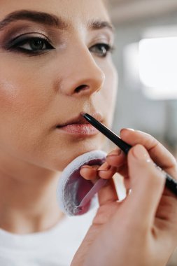 Makyaj süreci. Makyaj için makyaj yapan profesyonel bir sanatçı. Güzellik salonundaki güzel sarışın kadının portresini yakından çek.. 