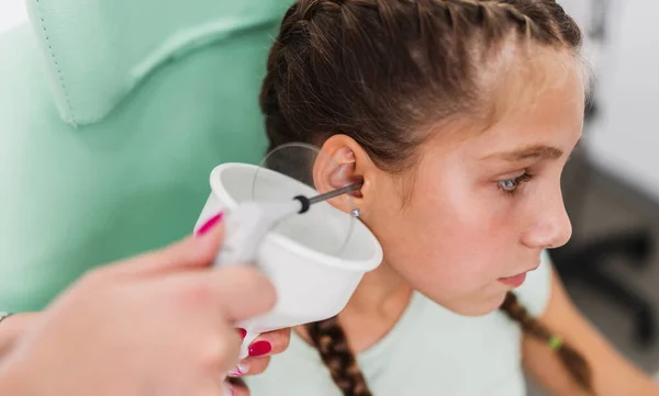 Otolaryngologist Doing Ear Irrigation Earwax Removal Beautiful Teenage Girl Modern — Fotografia de Stock