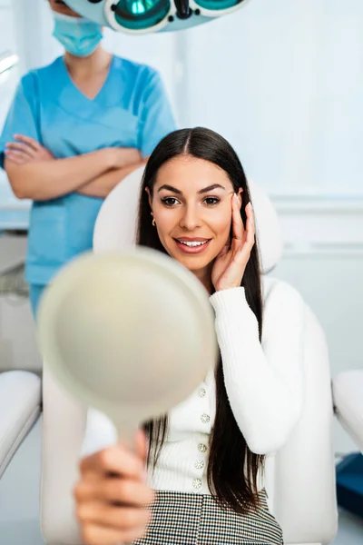 Beautiful Happy Young Woman Sitting Medical Chair Looking Mirror She — Stock Photo, Image