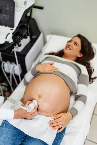 Female Doctor Doing Ultrasound Scan Beautiful Pregnant Woman Side View — Stok Foto