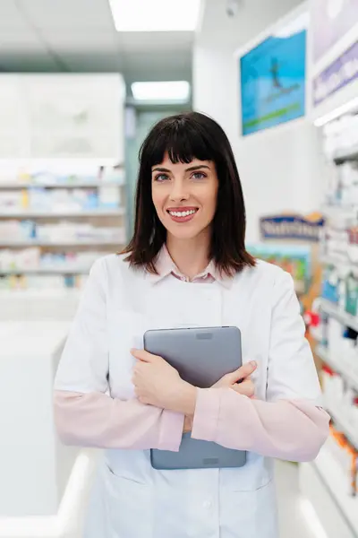 Beautiful Pharmacist Working Standing Drug Store Doing Stock Take Portrait Royalty Free Stock Photos