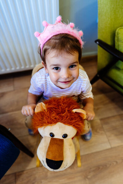 Portrait Young Smiling Girl Happy Birthday Cap Her Head Happy Stock Photo