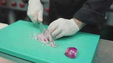 Yakışıklı sakallı profesyonel şef restoran mutfağında çalışıyor. O, balık ve deniz ürünleriyle sağlıklı lezzetli yemekler hazırlar..