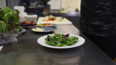 Lokanta mutfağında çalışan profesyonel aşçıların yakın çekimleri. O, balık ve deniz ürünleriyle sağlıklı lezzetli yemekler hazırlar..