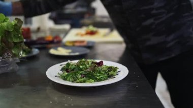 Lokanta mutfağında çalışan profesyonel aşçıların yakın çekimleri. O, balık ve deniz ürünleriyle sağlıklı lezzetli yemekler hazırlar..