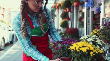 Çiçekçi olarak çalışan genç ve güzel bir kadın. Küçük işletme kavramı.