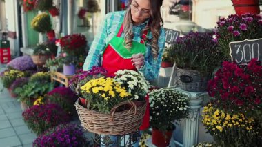 Çiçekçi olarak çalışan genç ve güzel bir kadın. Küçük işletme kavramı.