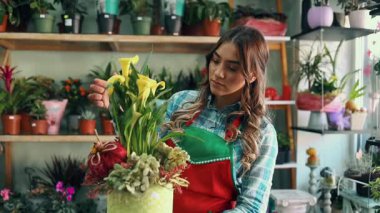 Çiçekçi olarak çalışan genç ve güzel bir kadın. Küçük işletme kavramı.