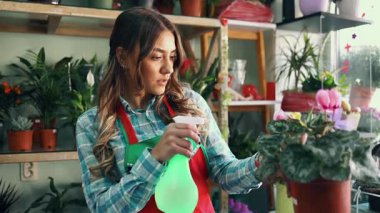 Çiçekçi olarak çalışan genç ve güzel bir kadın. Küçük işletme kavramı.