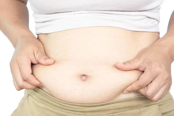 Zbliżenie Strony Trzymając Brzuch Powierzchni Kobieta Tłuszczu Zdrowej Opieki Koncepcji — Zdjęcie stockowe