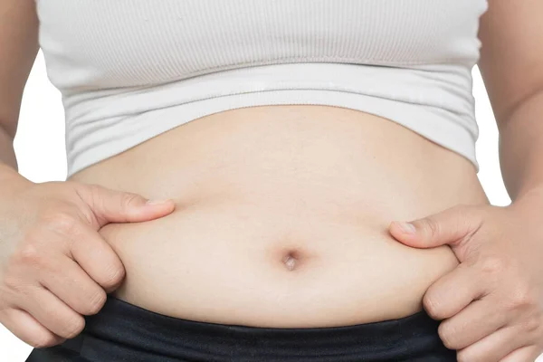 Zbliżenie Strony Trzymając Brzuch Powierzchni Kobieta Tłuszczu Zdrowej Opieki Koncepcji — Zdjęcie stockowe