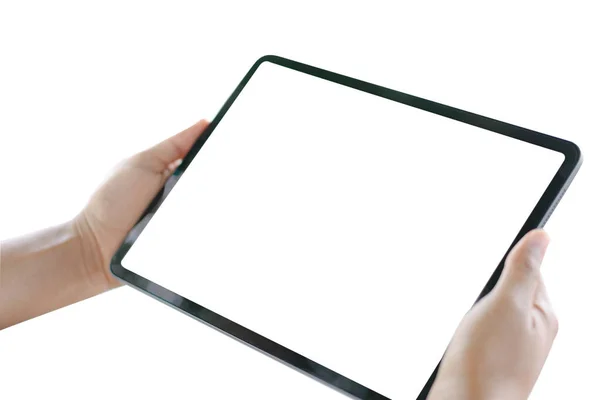 Mujer Negocios Sosteniendo Mano Tableta Digital Vacío Marco Imagen Negro — Foto de Stock