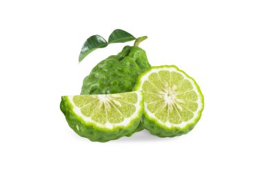 Taze bergamot meyve dilimi beyaz arka plan, ot ve tıbbi izole