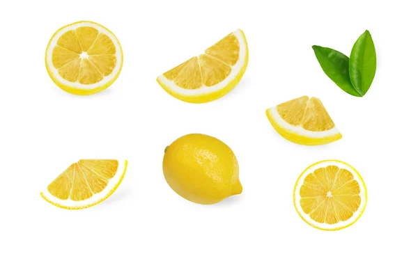 Set Sliced Lemon Leaf Isolated White Background Stock Picture