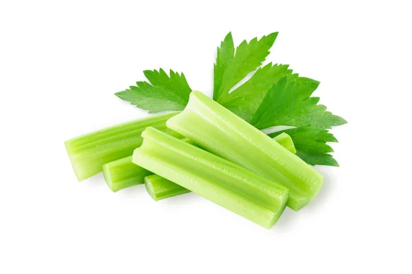 Detailní Záběr Čerstvý Celer Zelenina Plátky Izolované Bílém Pozadí Potraviny — Stock fotografie