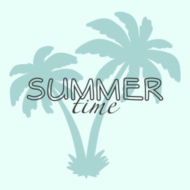 Yaz zamanı afişleri, tebrik kartları, indirimli posterler, tatil kapakları. Typography ile moda tasarım, el boyaması plaj hindistan cevizi palmiyesi renkleri. Modern sanat minimalist tarzı.