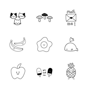 Sevimli evcil hayvanlar, meyveler ve yiyecek örnekleri.