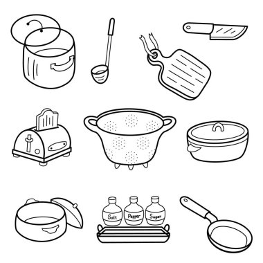 Siyah beyaz çizgili mutfak gereçleri ve aletler.