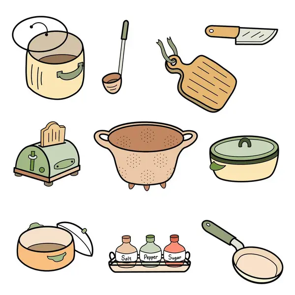 Mutfak gereçleri ve yemek pişirme araçları renkli resimleme