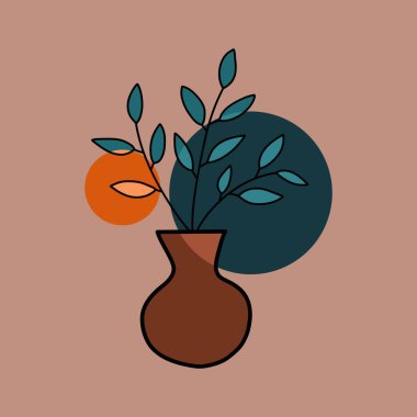 Kahverengi Vazo Tasarım Çiziminde Minimalist Yeşil Yapraklar Bitkisi