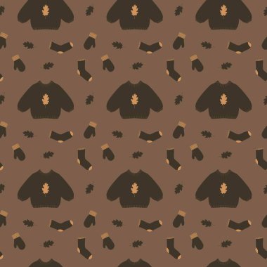 Minimalist sonbahar süveter takımı eldivenler ve kahverengi yapraklı çoraplar desensiz sonbahar çizimi temalı tema vektörü